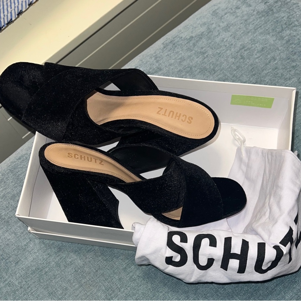 SCHUTZ Callie Black Velvet Crossover Heeled Mules
